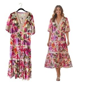 Vasana NWT Floral Garden Pink Crochet Tiered V-Neck Maxi Dress  XL Boho Cottage